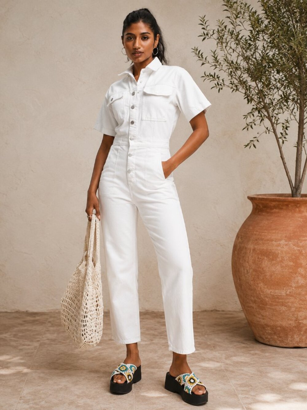 We The Free Marci Button Through Denim Jumpsuit in White Sz M
